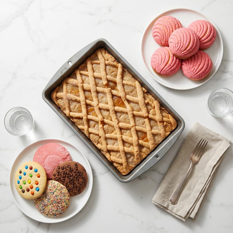 A baking pan with a lattice-top fruit tart, plates of cookies, and glasses of water on a marble surface.
