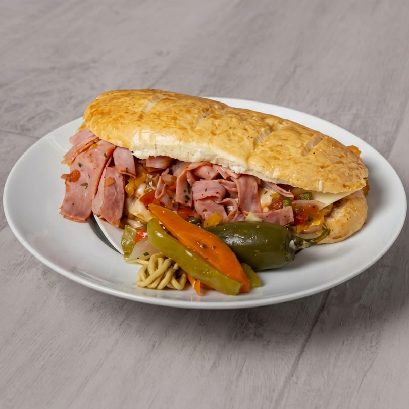 A large ham and cheese sub sandwich with peppers and pasta salad on a white plate.