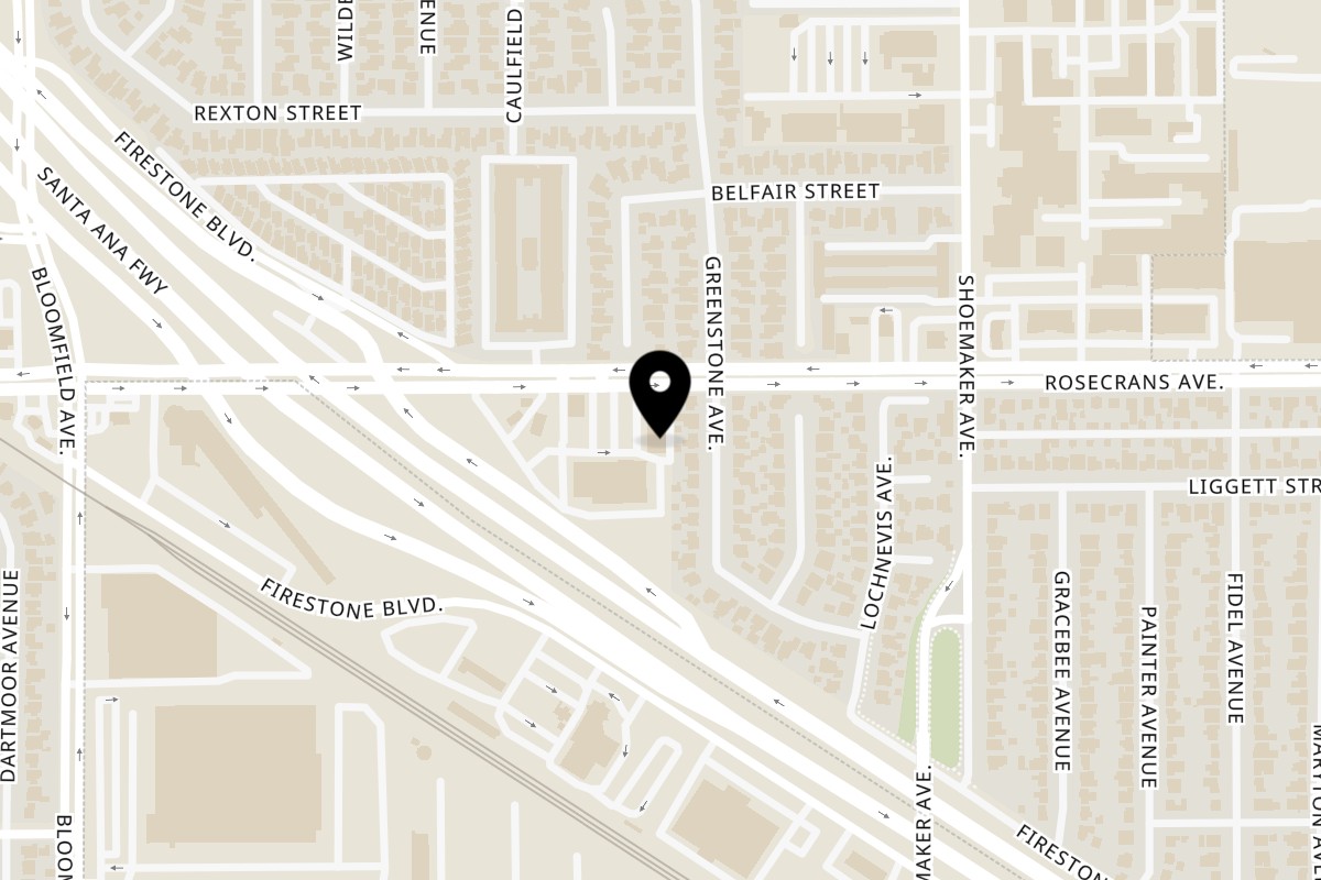 Map showing the location of Ovens Kitchen & Bakery on 12834 1/2 Rosecrans Ave in Norwalk